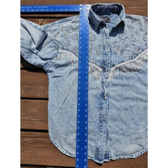 Vintage Next Move Denim Fringe Embellished Beaded Cowgirl Rodeo Shirt Womens - Picture 6 of 8